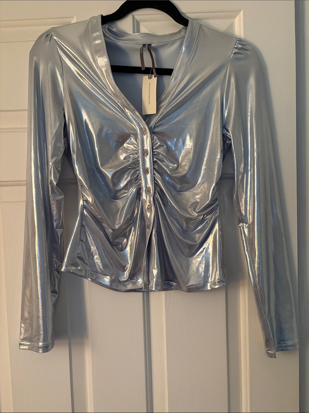 Anthropologie Silver Metallic V-Neck Shimmer Top